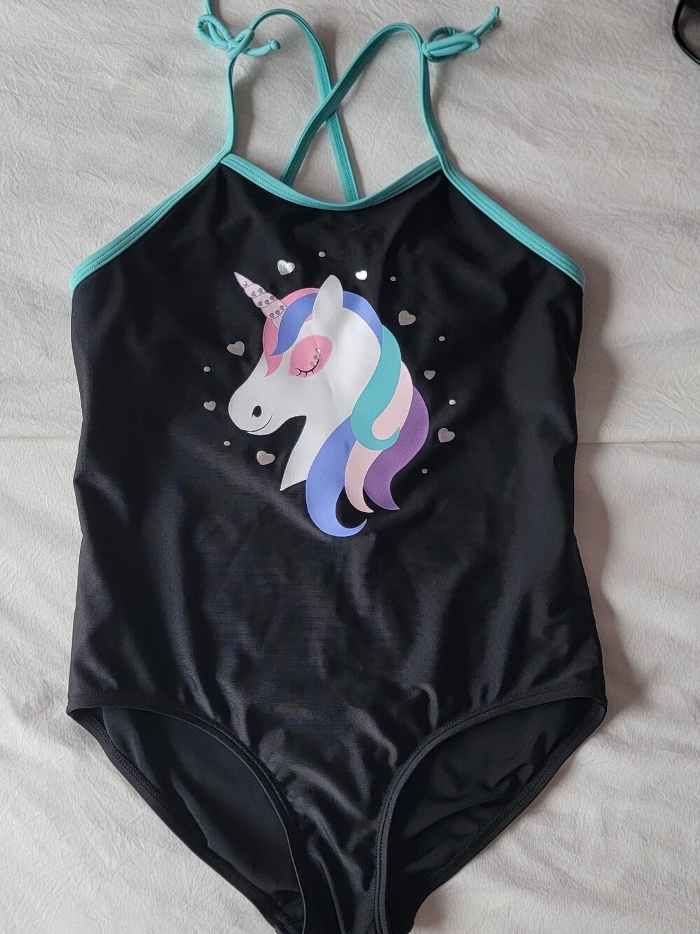 Kids Black Unicorn One-Piece Swimsuit with Mint Trim